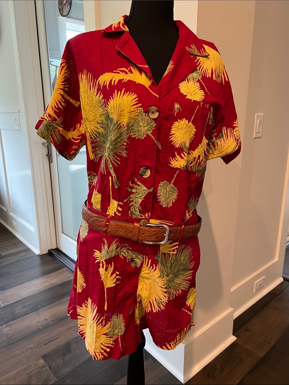Free People Red Tropical Palm Print Short Romper (belt not included)